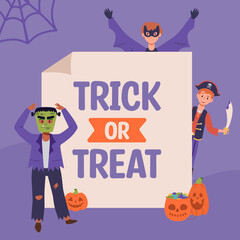 Happy Halloween party card, banner background with kids in funny carnival costumes. Children on October trick or treat night. Smiling kindergarten boys and girls friends. Flat vector illustration