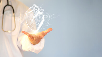 Cardiologist doctors use a virtual interface to examine the patient's heart functions and blood...