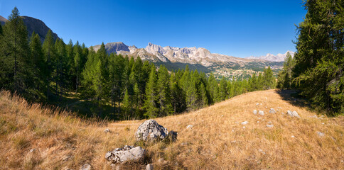 Panoramic view on the Devoluy Massif with Bure Peak (Pic de Bure) in Summer. Hautes-Alpes, French Alps, France