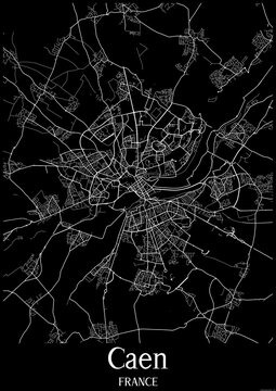 Black and White city map poster of Caen France.