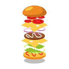 Burger ads, delicious and attractive hamburger with refreshing ingredients