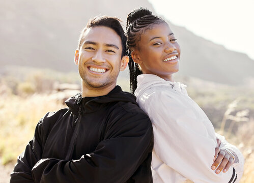 Fitness, Nature And A Man And Black Woman With Smile Go Hiking Or Running. Strong And Happy Couple Exercise And Run Together. Wellness, Sports And Health, Runner And Personal Trainer Workout In Park.