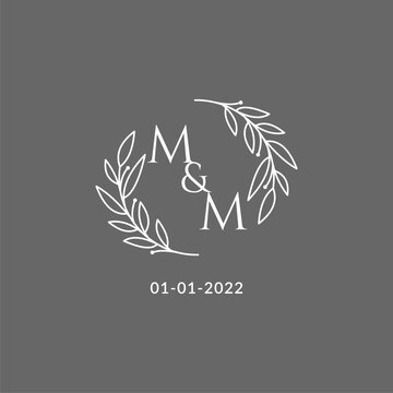 Initial letter MM monogram wedding logo with creative leaves decoration