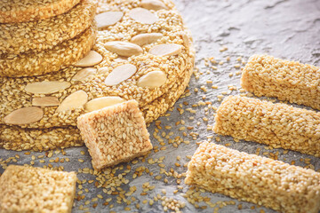 Arabic Traditional sugar coated sesame sweets. Egyptian oriental desserts usually eaten during 