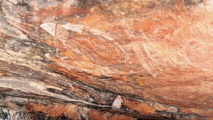 Aboriginal rock art: hand stencil, mullet, barramundi, cat fishes. Ubirr-Kakadu-Australia-191