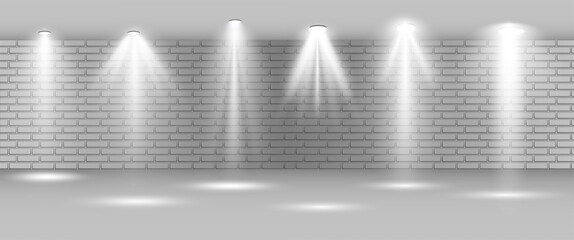  Set of spotlight shines on the stage, scene, podium. Bright lighting with spotlights. Spot lighting of the stage. Lens flash light effect from a lamp or spot. 