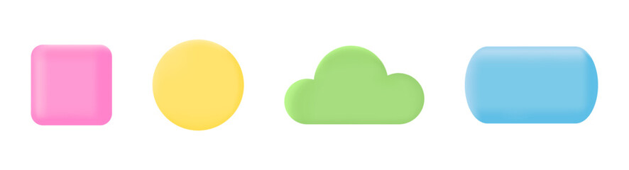 3d render shape set. Realistic cloud, square, circle, rectangle. Speech balloon. Color bubble. Mobile app icon. Geometric figure. Network digital design. Online message. Vector illustration