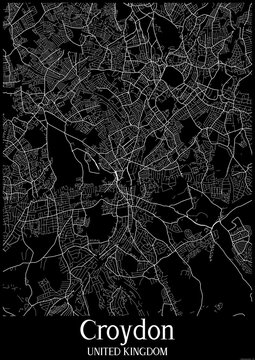 Black and White city map poster of Croydon United Kingdom.