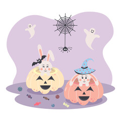 Cute bunnies sitting in pumpkins. Halloween rabbits with spider, web, bat, ghosts and candies in pastel colors. Bunny or hare - childish mascot 2023 symbol year.