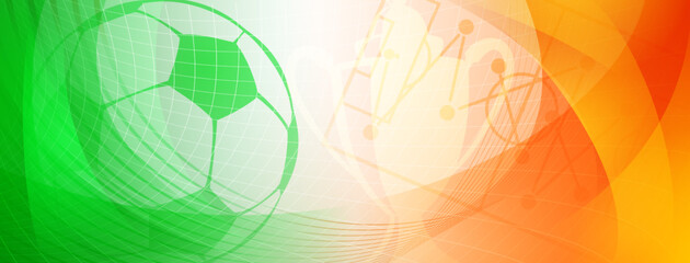 Abstract background on a football theme with big ball and other soccer symbols in national colors of Ireland