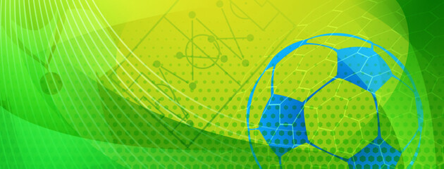 Abstract background on a football theme with big ball and other soccer symbols in national colors of Brazil