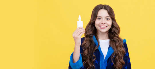 smiling kid girl free stuffy nose. coronavirus. against runny nose and allergy. best remedy. Horizontal poster of isolated child face, banner header, copy space.