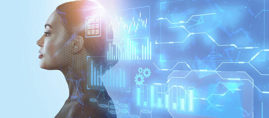 Silhouette of a woman on a blue background. Artificial intelligence and neural networks concept