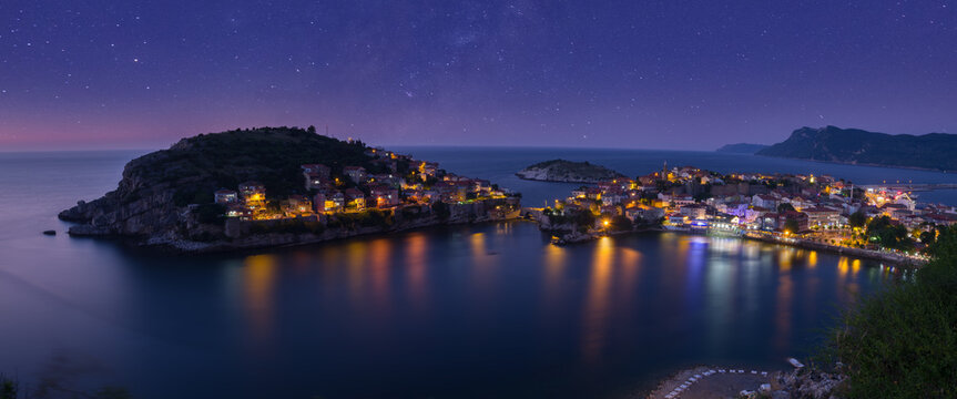 Fantastic view of Amasra city at night. Panoramic view of Amasra on a summer evening. ( long exposure shooting ) Bartin city - Turkey 
