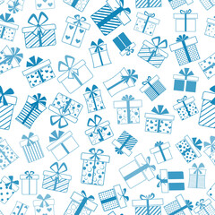 Seamless pattern of gift boxes with bows and different patterns, blue on white background
