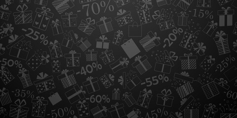 Background of gift boxes with bows and different patterns, and discount percentages, in gray and black colors