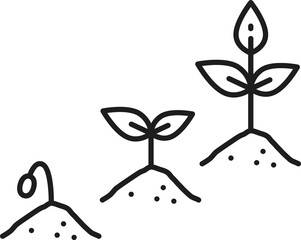 Plant growing in soil stages of growth line icon