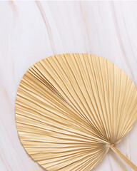 Dry beige palm leaf on marble table top view, natural bohemian bakground