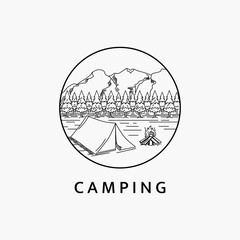Minimalist camping in the mountains line art logo illustration template design