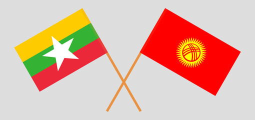 Crossed flags of Myanmar and Kyrgyzstan. Official colors. Correct proportion