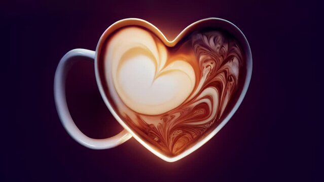 A fresh cup of coffee or hot chocolate with a cream heart shape. Swirling clouds of milk and cream dissolve into the coffee. 3D rendered image