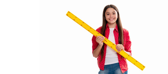 happy child hold ruler study mathematics at school isolated on white, back to school. Banner of...