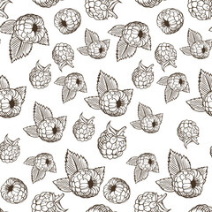 Black and white seamless pattern with raspberries in vintage style