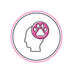 Filled outline Human head with animals footprint icon isolated on white background. Pet paw in heart. Love to the animals. Vector