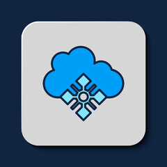 Filled outline Cloud with snow icon isolated on blue background. Cloud with snowflakes. Single weather icon. Snowing sign. Vector