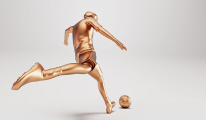 Golden soccer football player kicking a ball in an action pose. 3D Rendering