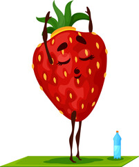 Cartoon strawberry fruit character, yoga exercise