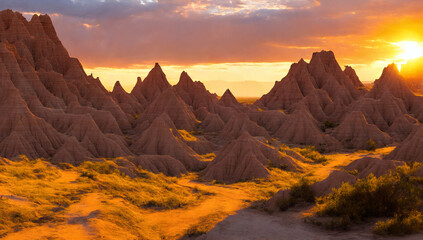 The Badlands National Park, South Dakota during late day sunset with tall rock formations -...