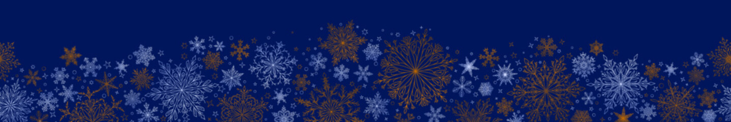 Banner of complex Christmas snowflakes in blue and yellow colors with seamless horizontal repetition. Winter background with falling snow