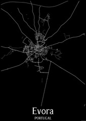 Black and White city map poster of Evora Portugal.