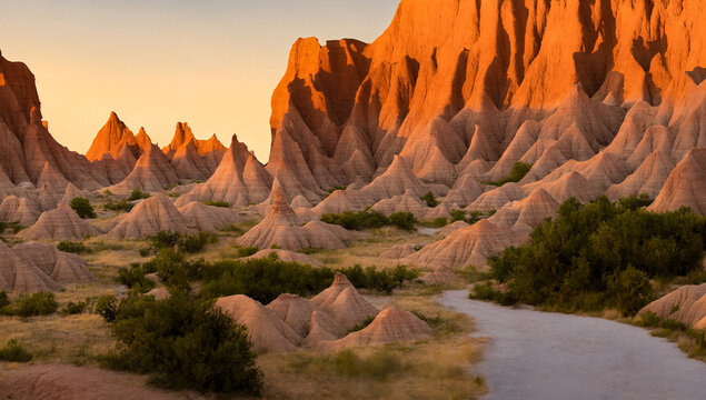 The Badlands National Park, South Dakota during late day sunset with tall rock formations - Beautiful Landscape Panorama