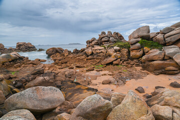 Pink granite coast landscape in Bretagny France.