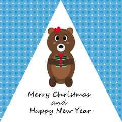 Christmas card with a bear on a white background. Blue