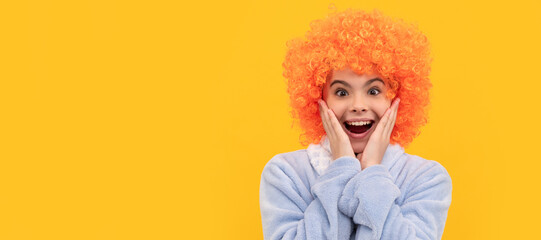 childhood happiness. birthday or pajama party. funny kid in curly clown wig. Funny teenager child on party, poster banner header with copy space.