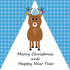 Christmas card with a deer on a white background. Blue