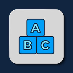 Filled outline ABC blocks icon isolated on blue background. Alphabet cubes with letters A,B,C. Vector
