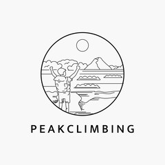 Minimalist line art logo illustration template design of man climbing the mountain