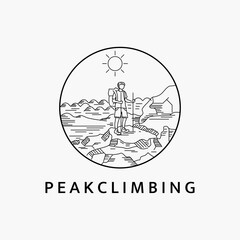 Minimalist line art logo illustration template design of man climbing the mountain