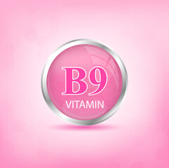 Vitamin B9 icon structure pink substance. Personal care, beauty concept. Medicine health symbol of thiamine. Drug business concept. Vector Illustration. 3D Vitamin complex with chemical formula.