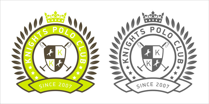 Polo club logo. Shield horse badge. Equestrian competition. Polo sport game emblem with crown and banner. Print for polo team