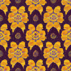 Purple and lemon-yellow floral seamless pattern with texture of Persian wool carpet. AI-generated, not based on any actual photo