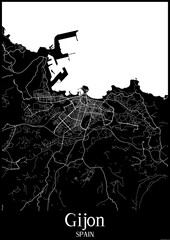 Black and White city map poster of Gijon Spain.