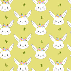 Seamless pattern with rabbit cartoons and simple flowers. Rabbit head vector illustration.