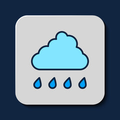 Filled outline Cloud with rain icon isolated on blue background. Rain cloud precipitation with rain drops. Vector