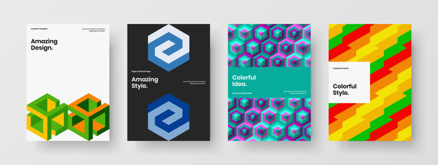 Obraz premium Original geometric tiles catalog cover concept composition. Fresh company brochure design vector template collection.