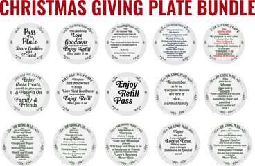 Naklejka premium Christmas giving plate tradition bundle vector text design. Enjoy, Refill, pass it on. Sharing plate, dish, background decoration printable. Quote saying phrase for family love, friends, relationship.